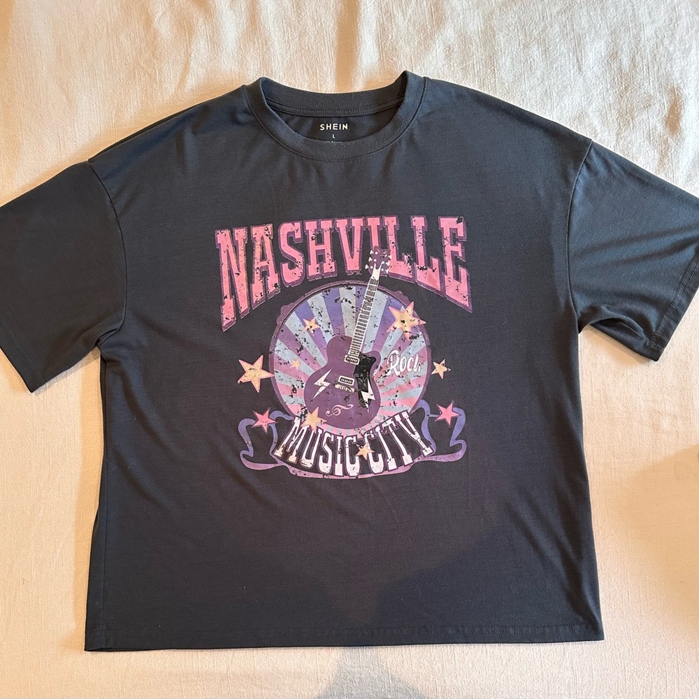 SHEIN Black Nashville Graphic Short Sleeve Tee